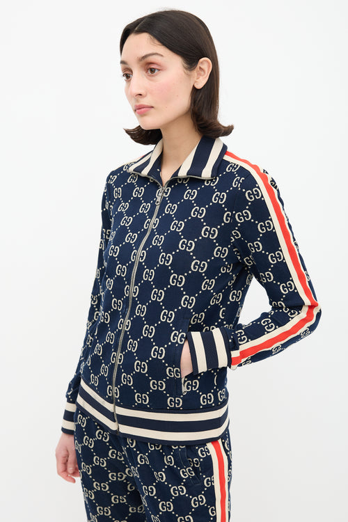 Gucci Navy 
Cream Webbed Trim GG Track Jacket