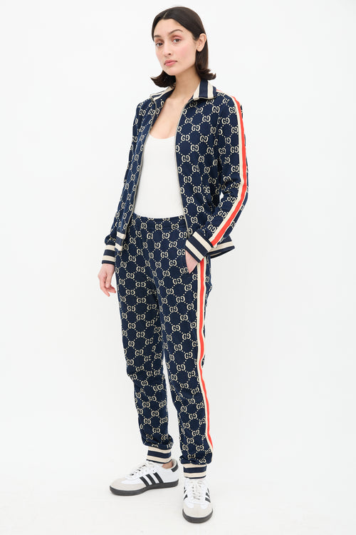 Gucci Navy 
Cream Webbed Trim GG Track Pant