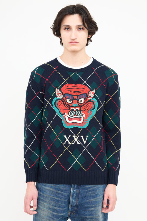 Gucci Navy 
Multi Embroidered Argyle Sweater