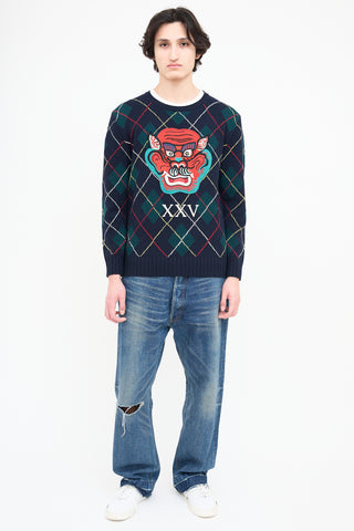 Gucci Navy 
Multi Embroidered Argyle Sweater