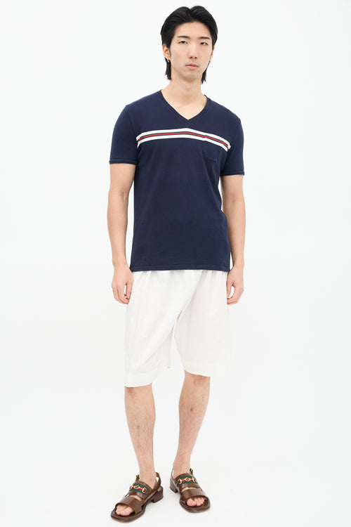 Gucci Navy 
Multi Striped V-Neck T-Shirt