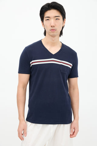 Gucci Navy 
Multi Striped V-Neck T-Shirt