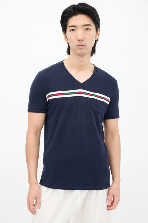 Gucci Navy 
Multi Striped V-Neck T-Shirt