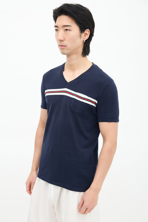 Gucci Navy 
Multi Striped V-Neck T-Shirt