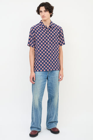 Gucci Navy 
Multicolour Silk GG Hexagon Bowling Shirt