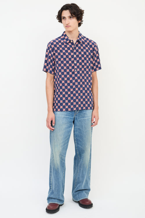 Gucci Navy 
Multicolour Silk GG Hexagon Bowling Shirt