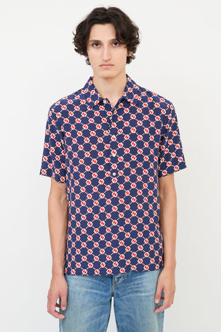 Gucci Navy 
Multicolour Silk GG Hexagon Bowling Shirt