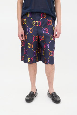 Gucci Navy 
Multicolour Silk GG Mid Length Shorts