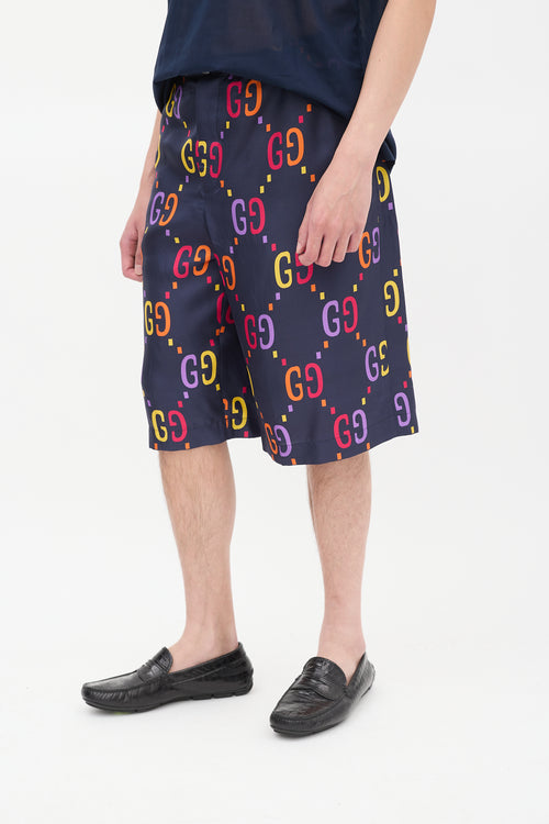 Gucci Navy 
Multicolour Silk GG Mid Length Shorts