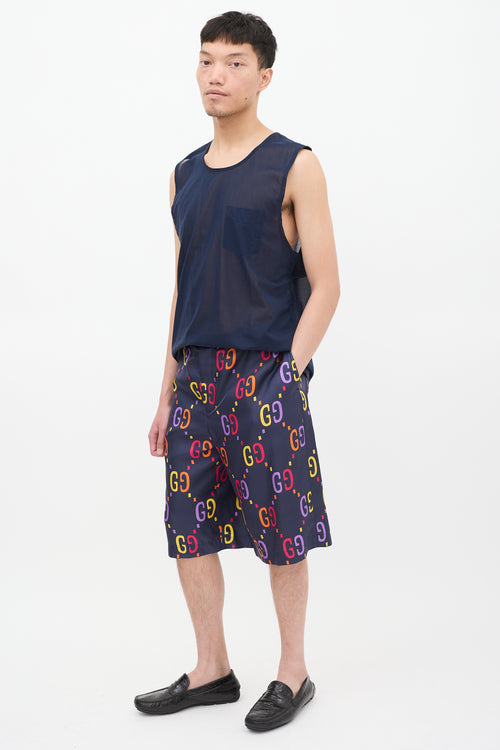 Gucci Navy 
Multicolour Silk GG Mid Length Shorts