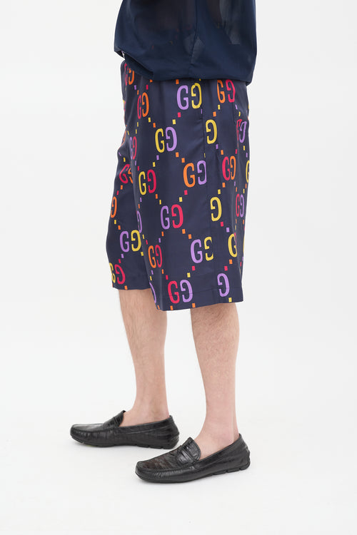 Gucci Navy 
Multicolour Silk GG Mid Length Shorts