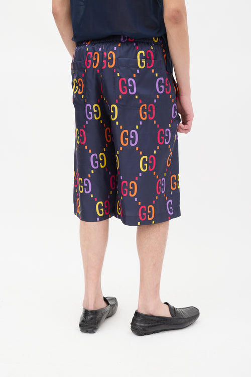 Gucci Navy 
Multicolour Silk GG Mid Length Shorts