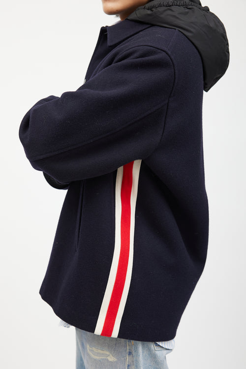 Gucci Navy 
Multicolour Striped Wool Hooded Coat