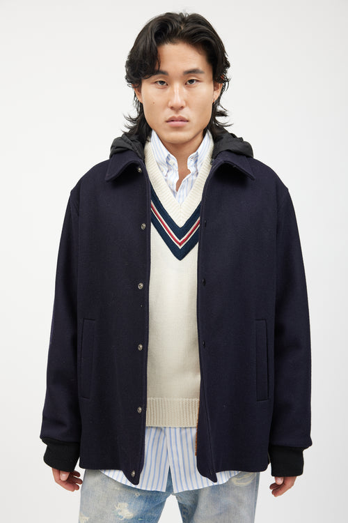 Gucci Navy 
Multicolour Striped Wool Hooded Coat