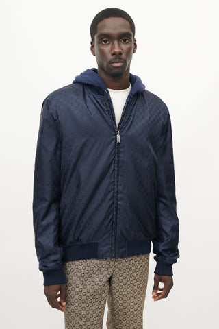 Gucci Navy Nylon Reversible Monogram Bomber Jacket