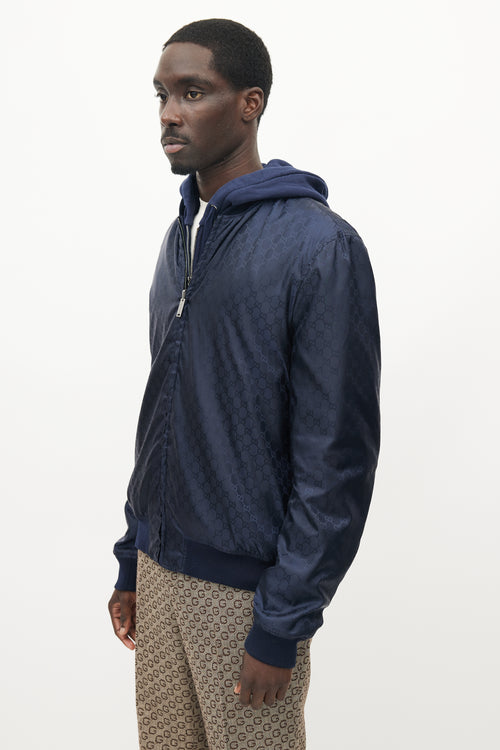 Gucci Navy Nylon Reversible Monogram Bomber Jacket