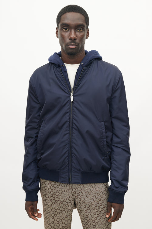 Gucci Navy Nylon Reversible Monogram Bomber Jacket