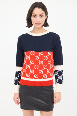 Gucci Navy 
Multi Wool GG Colourblock Sweater