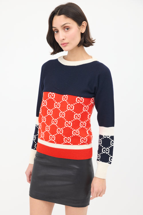 Gucci Navy 
Multi Wool GG Colourblock Sweater