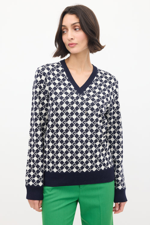 Gucci Navy 
White Wool Knit Monogram Sweater