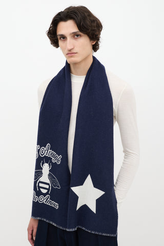 Gucci Navy 
White Wool L
Aveugle Par Amour Fringe Scarf