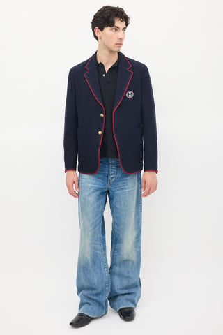 Gucci Navy Wool 
Cotton Knit Patch Logo Blazer