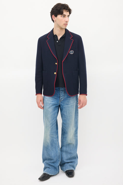 Gucci Navy Wool 
Cotton Knit Patch Logo Blazer