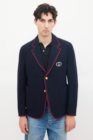 Gucci Navy Wool 
Cotton Knit Patch Logo Blazer