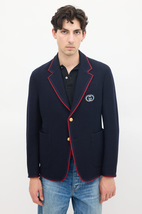 Gucci Navy Wool 
Cotton Knit Patch Logo Blazer