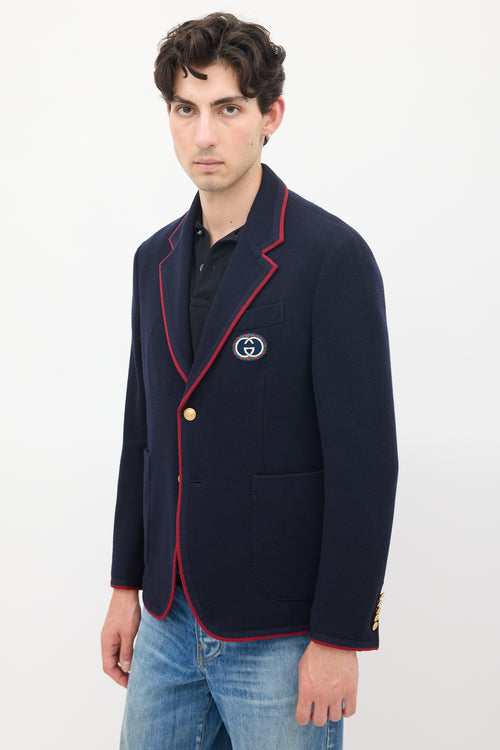 Gucci Navy Wool 
Cotton Knit Patch Logo Blazer