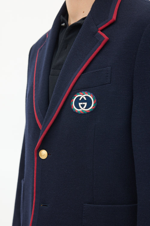 Gucci Navy Wool 
Cotton Knit Patch Logo Blazer