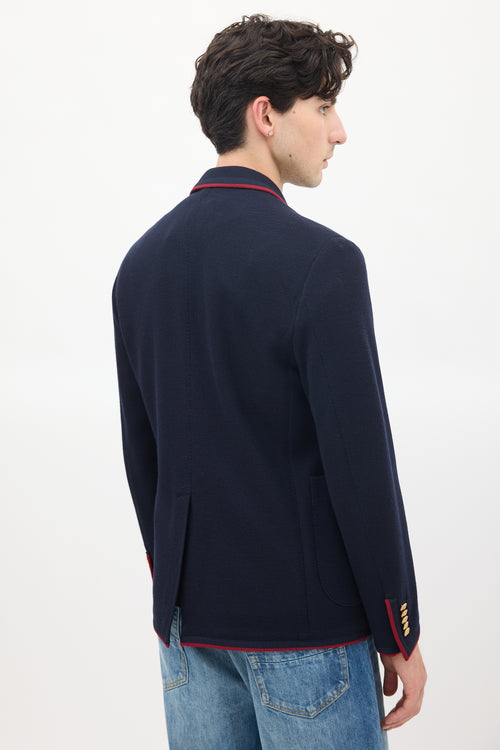 Gucci Navy Wool 
Cotton Knit Patch Logo Blazer