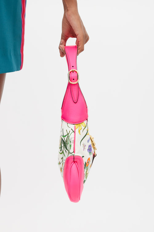 Gucci Neon Pink 
Multicolour Floral Canvas Jackie 1961 Medium Bag