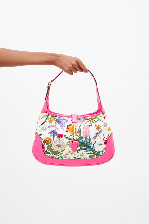 Gucci Neon Pink 
Multicolour Floral Canvas Jackie 1961 Medium Bag