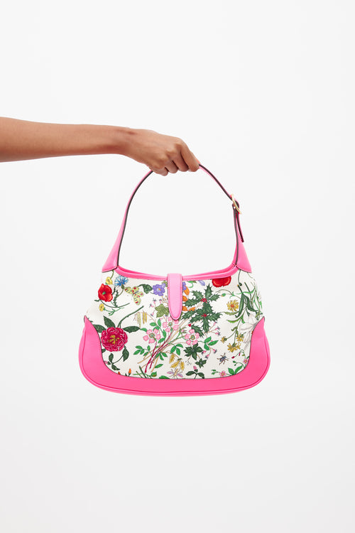 Gucci Neon Pink 
Multicolour Floral Canvas Jackie 1961 Medium Bag