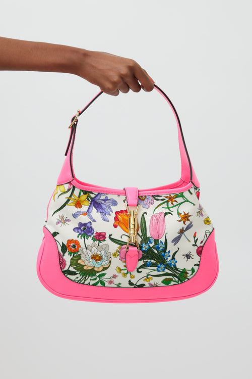 Gucci Neon Pink 
Multicolour Floral Canvas Jackie 1961 Medium Bag