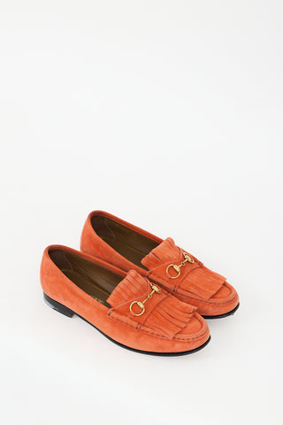 Gucci Orange Suede 
Gold Hardware Fringe Loafer