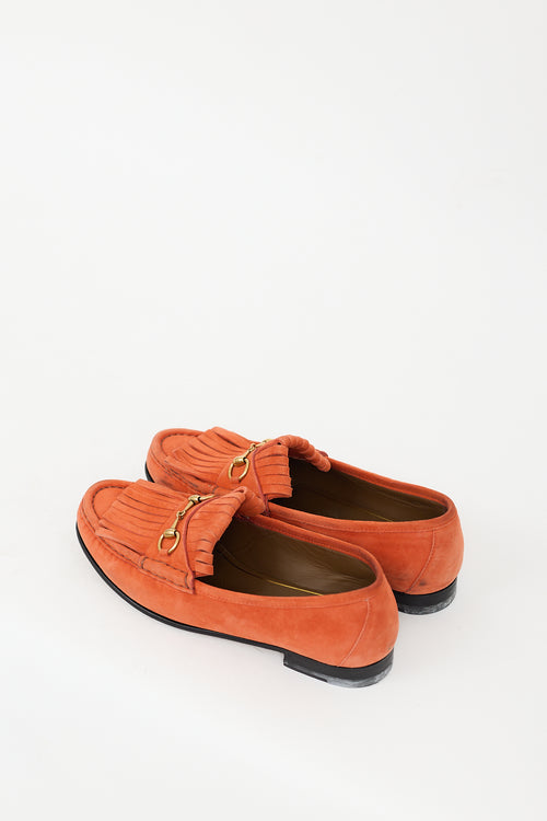 Gucci Orange Suede 
Gold Hardware Fringe Loafer