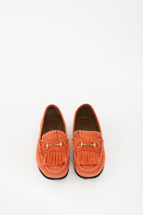 Gucci Orange Suede 
Gold Hardware Fringe Loafer