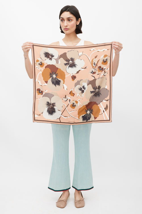 Gucci Pink 
Brown Floral Silk Scarf