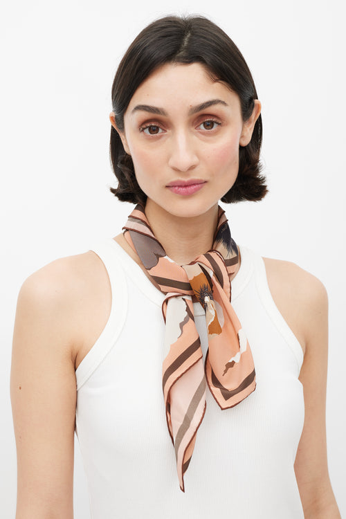 Gucci Pink 
Brown Floral Silk Scarf