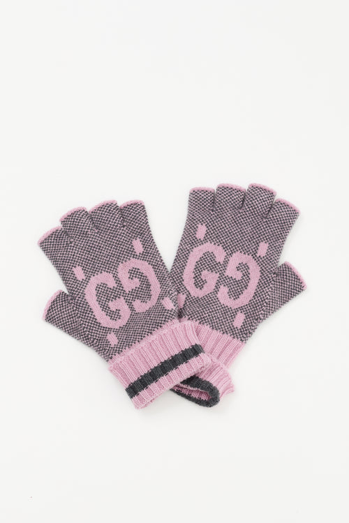 Gucci Pink 
Grey Cashmere GG Fingerless Gloves