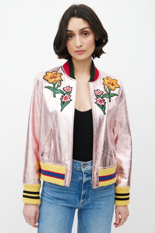 Gucci Metallic Pink Embroidered Bomber Jacket