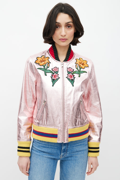 Gucci Metallic Pink Embroidered Bomber Jacket