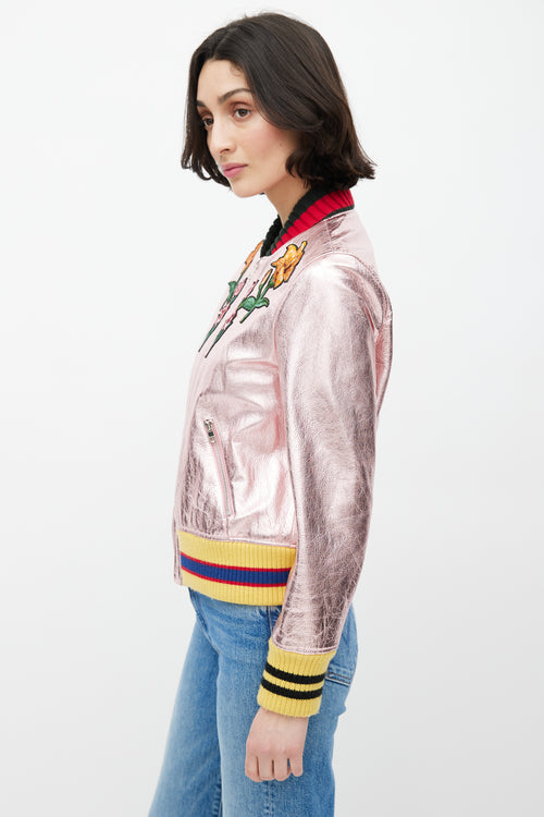 Gucci Metallic Pink Embroidered Bomber Jacket