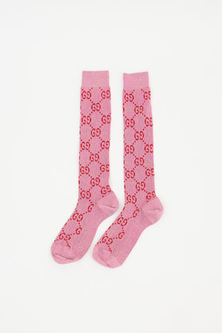 Gucci Pink 
Red Lurex Knit GG Monogram Socks