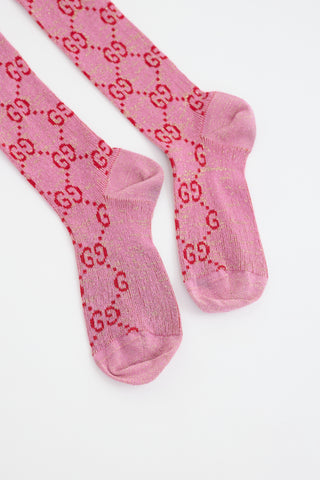 Gucci Pink 
Red Lurex Knit GG Monogram Socks