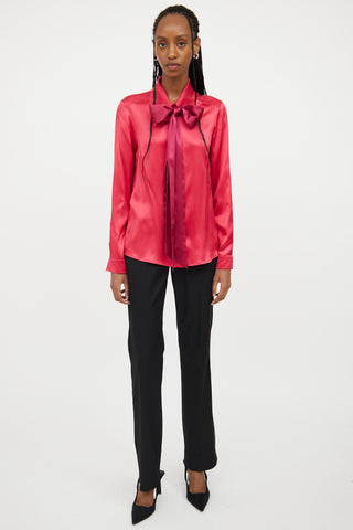 Gucci Red Neck Tie Silk Button Top