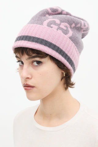 Gucci Purple 
Grey Cashmere Intarsia GG Logo Beanie