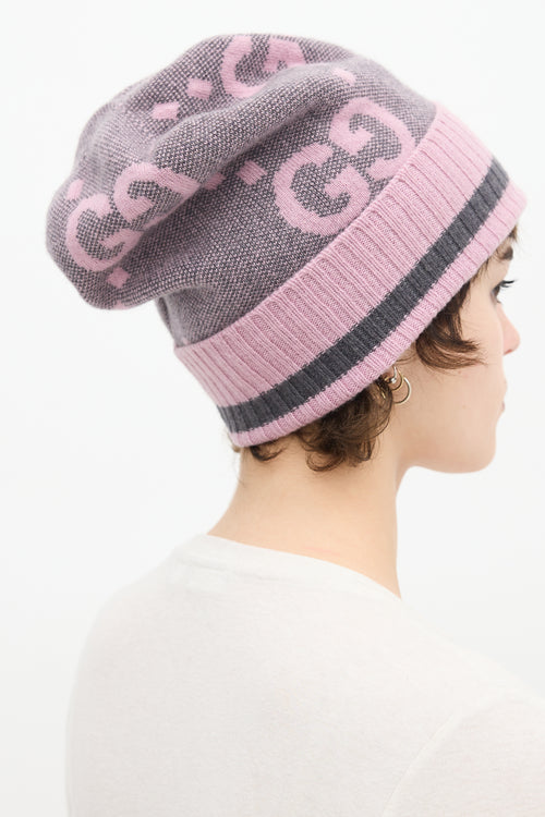 Gucci Purple 
Grey Cashmere Intarsia GG Logo Beanie